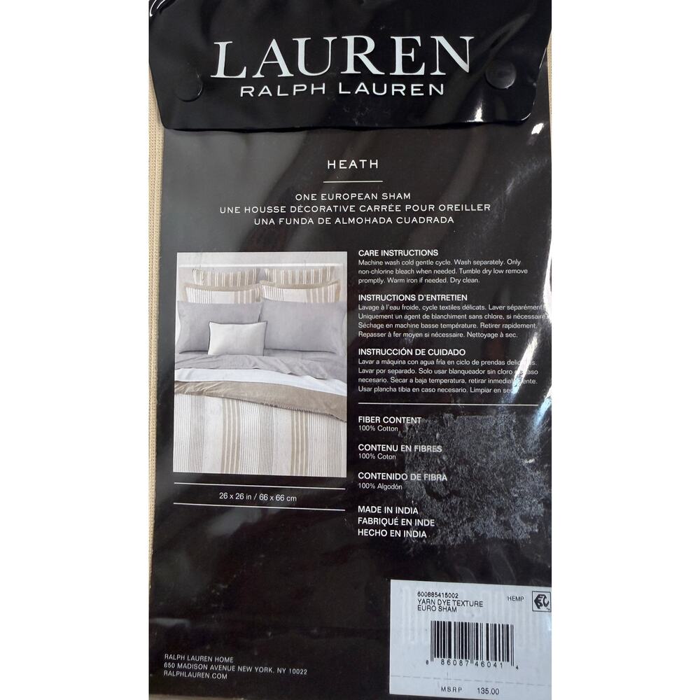 Lauren Ralph Lauren Heath European Sham 26 x 26 Tan Cream Stripe Cotton New - Picture 3 of 6